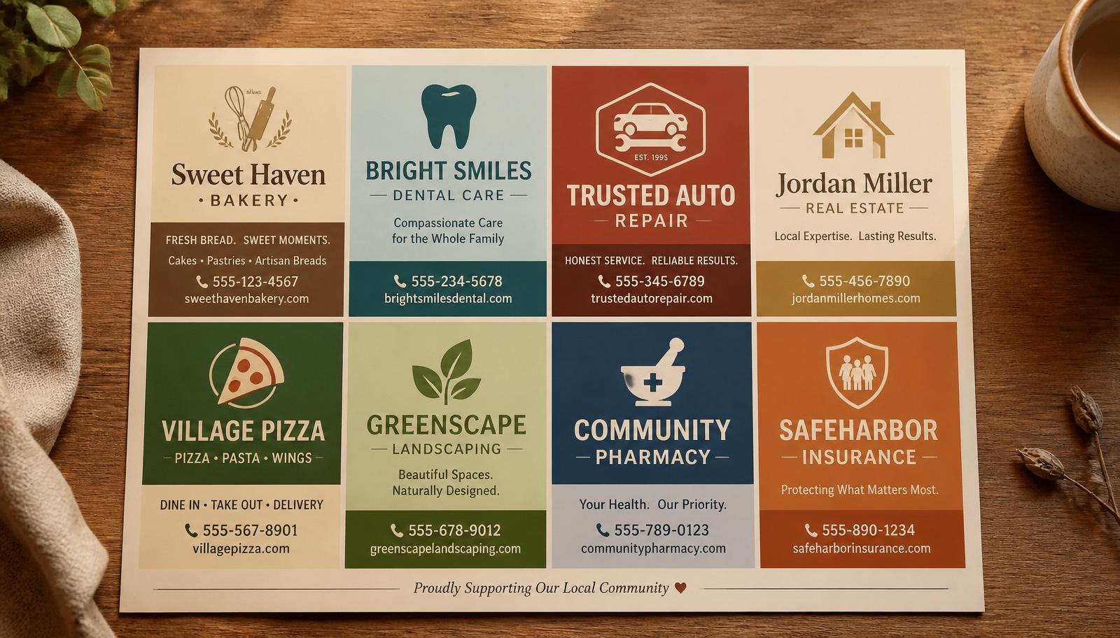 Large community postcard mockup featuring local Clearfield PA business advertisements