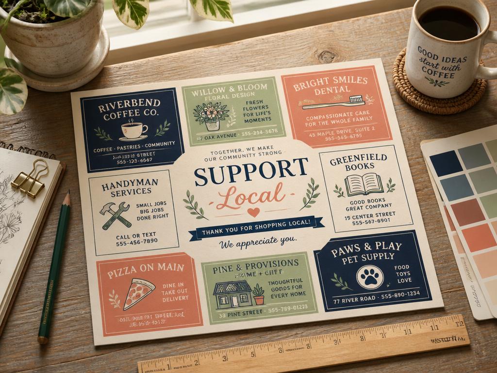 Designer's desk with postcard layout, color swatches, and sketches
