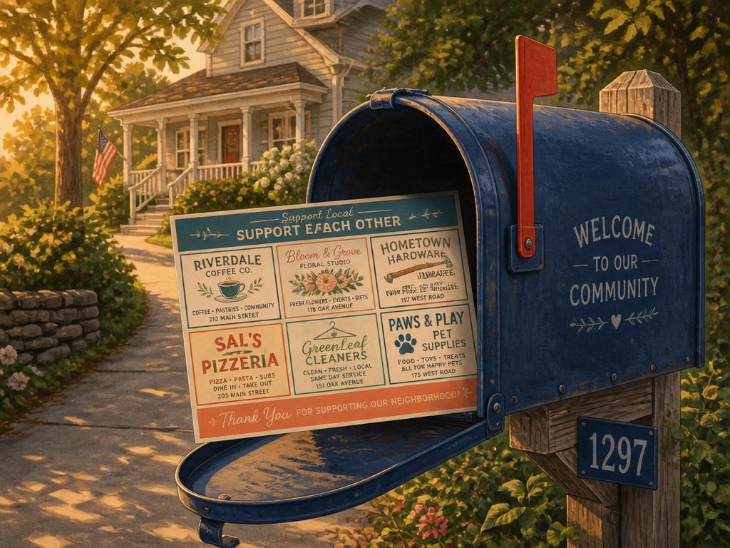 Mail carrier placing an oversized postcard into a neighborhood mailbox at golden hour